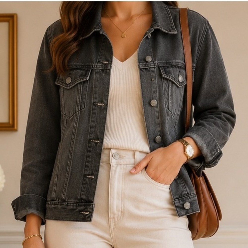 Old Navy Womens Distressed Black Denim Trucker‎ Jacket Large Washed Cotton Blend